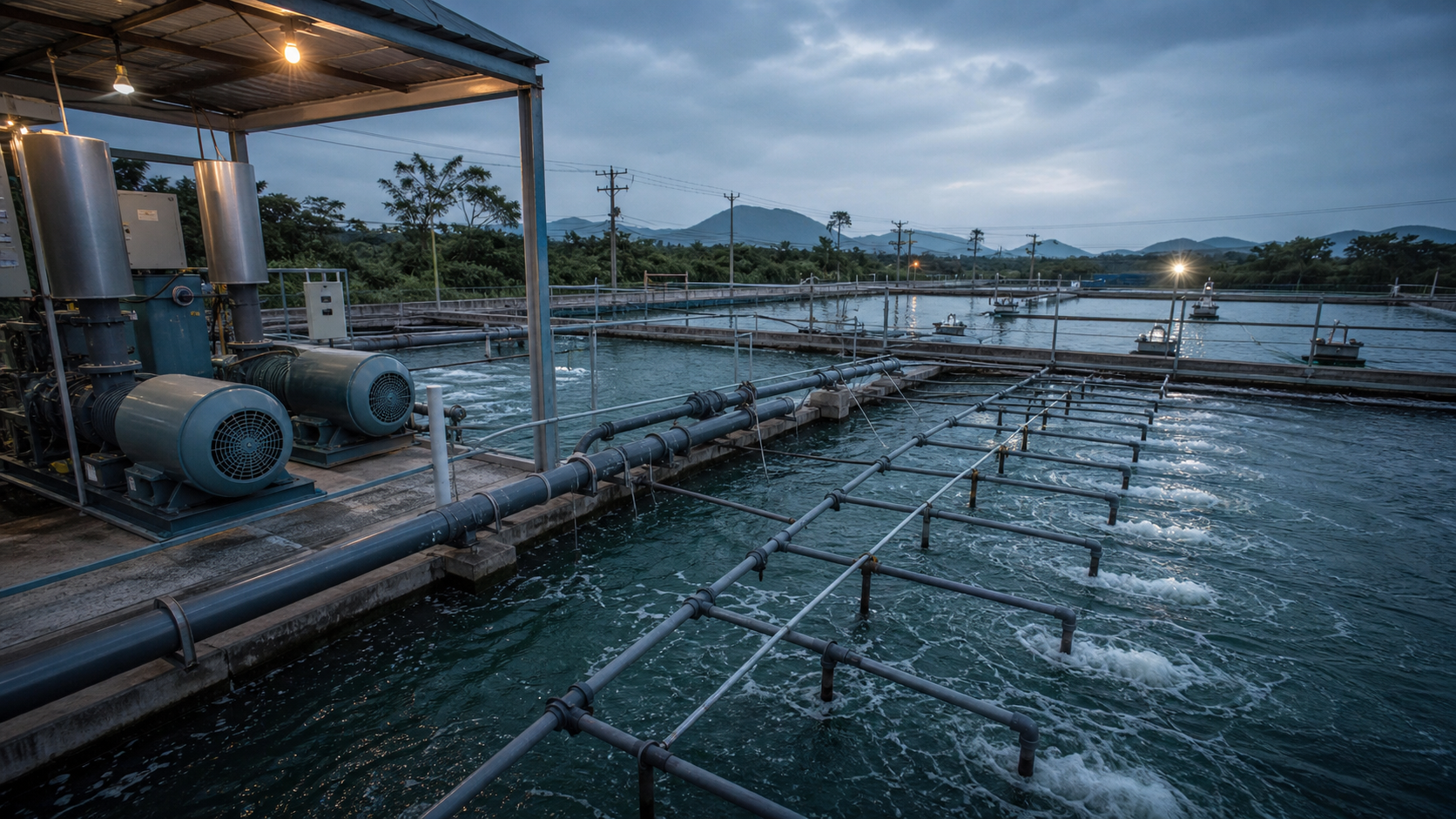 Blower aeration system supporting aquaculture ponds