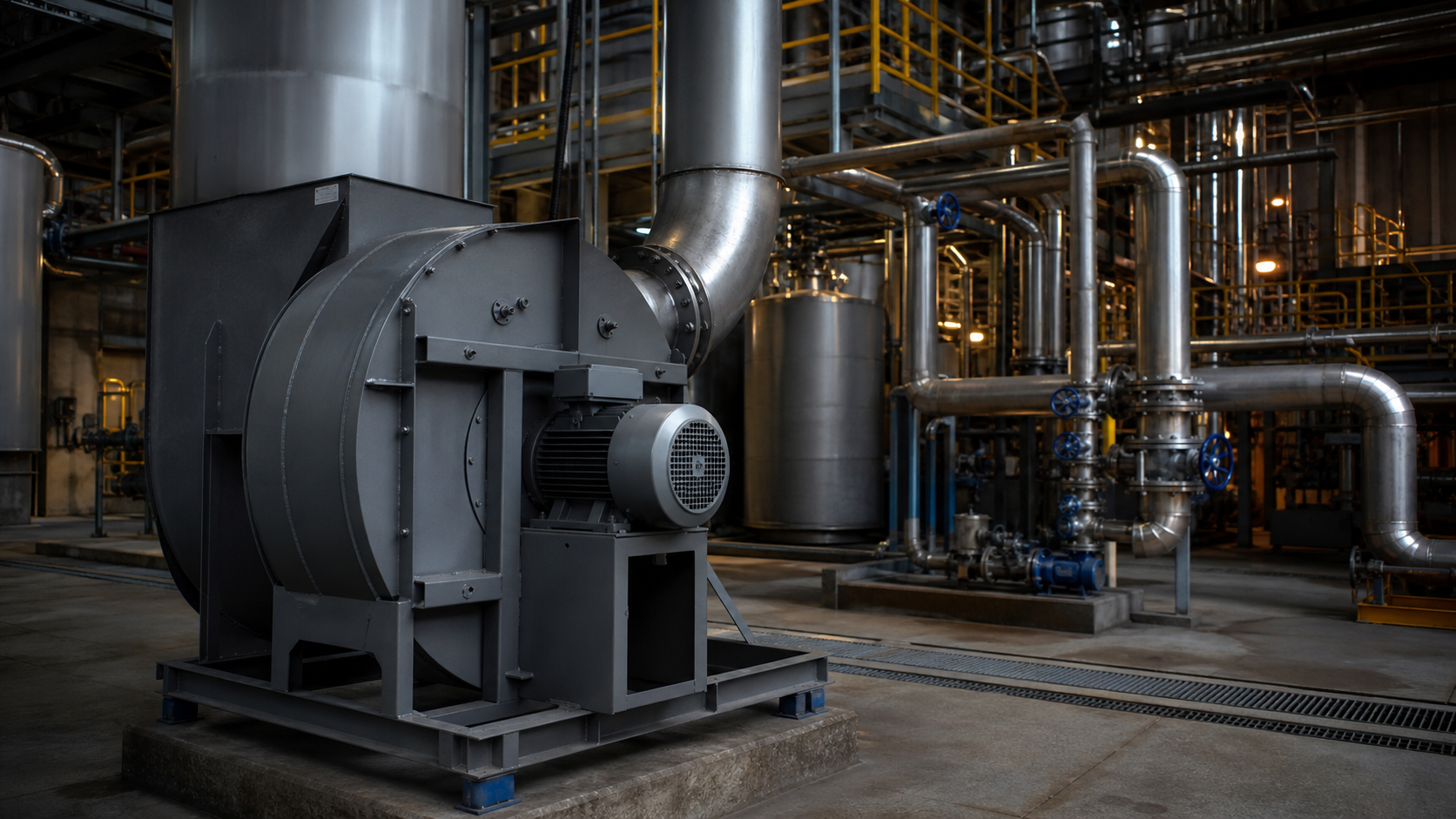 Industrial fan equipment installed in a chemical processing plant